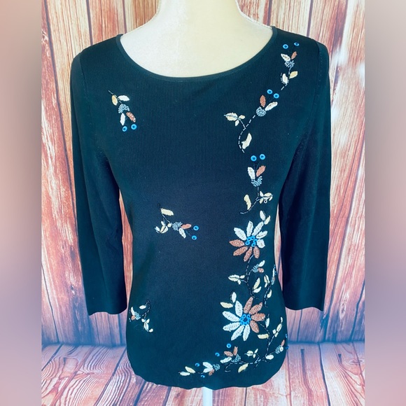 Women’s Small Blouse Lucia Burns Black Floral Embroidery Bead Sequin 3/4 Sleeve - Picture 2 of 12
